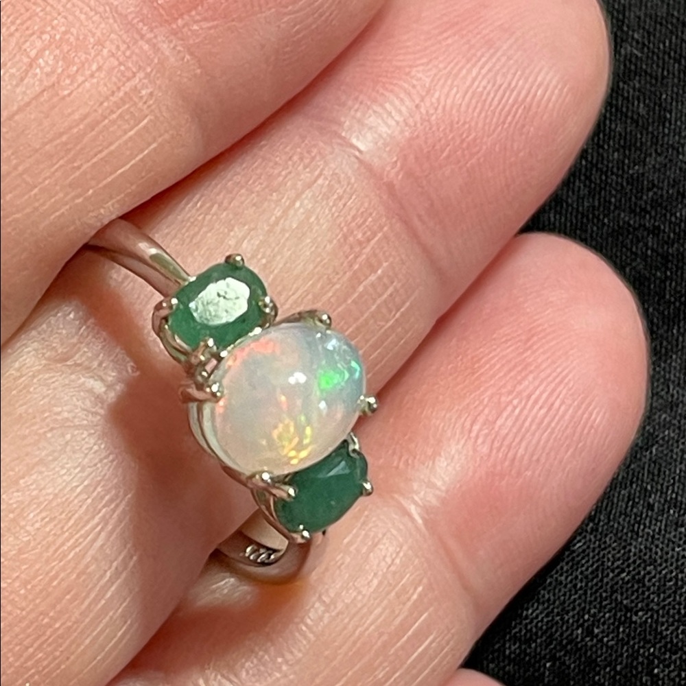 NWT Natural Opal & Natural Emerald Ring 925 Sterling Silver Size 10 - Picture 6 of 14